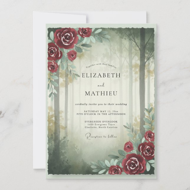 Invitación Rosa Bodas del Bosque Carmesí (Anverso)