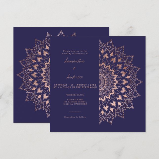 Invitación Rosa bohemiano dorado floral mandala boda de marin (Anverso / Reverso)