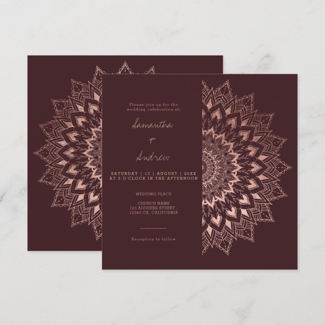 Invitación Rosa bohemio oro floral mandala moda boda rojo (Anverso / Reverso)