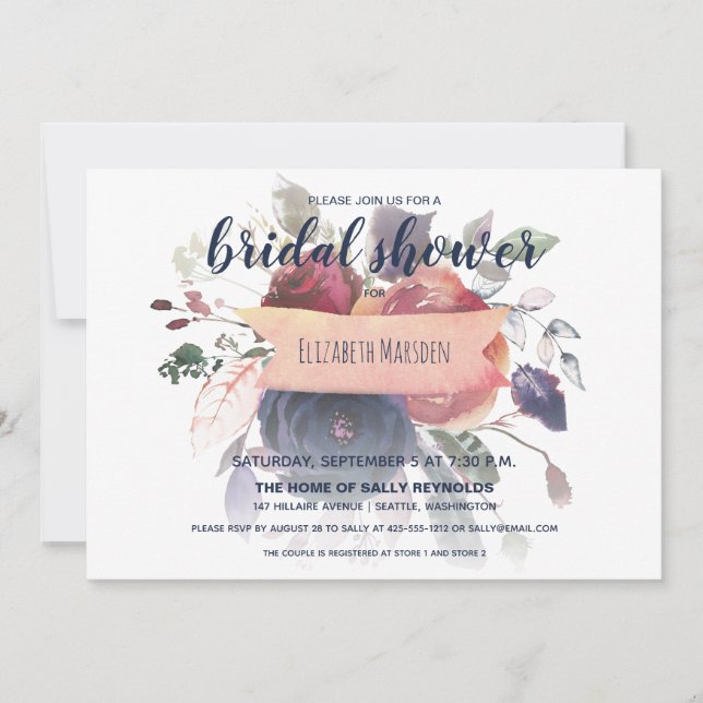 Invitación Rosa Boho de la Marina de Borgoña Ducha de Novias  (Anverso)