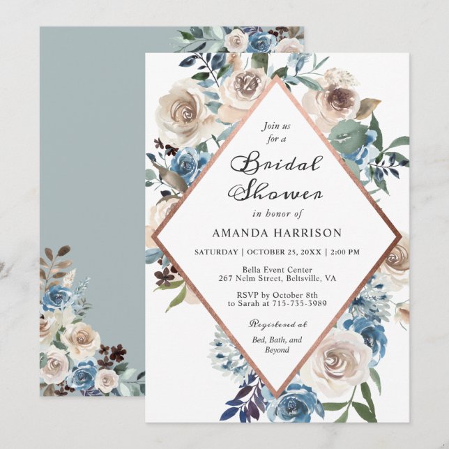 Invitación Rosa Boho Dusty Blue Floral Gold Bridal (Anverso / Reverso)