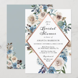 Invitación Rosa Boho Dusty Blue Floral Gold Bridal