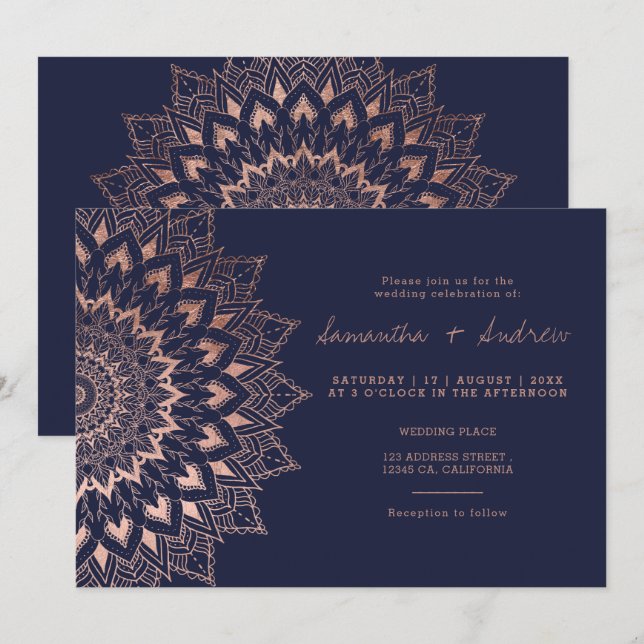 Invitación rosa Boho encaje floral mandala marina boda (Anverso / Reverso)