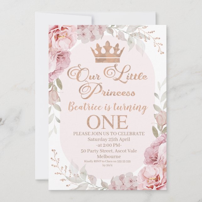 Invitación Rosa Boho Floral Princesa Corona 1er cumpleaños (Anverso)