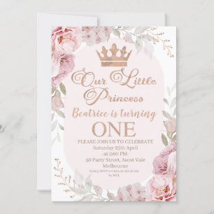 Invitación Rosa Boho Floral Princesa Corona 1er cumpleaños