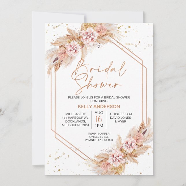 Invitación Rosa Boho Geométrico Boho Pampas Ducha Bridal (Anverso)