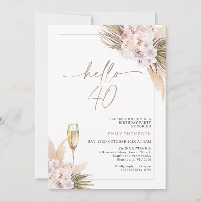 Invitación Rosa Boho Gold Dry Floral Pampas 40 cumpleaños (Anverso)