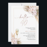 Invitación Rosa Boho Gold Dry Floral Pampas 40 cumpleaños<br><div class="desc">Rosa Gold Boho Dry Floral Pampas 40th Birthday Invitation Bohemian inspirado hola 40, invitación de 4oth por cumpleaños con arreglos florales ruidosos o malvas y polvorientos rosados con pampas y hojas de palma. El encabezado es una imagen extraíble en un falso Relieve metalizado de oro rosa. Esta invitación a los...</div>