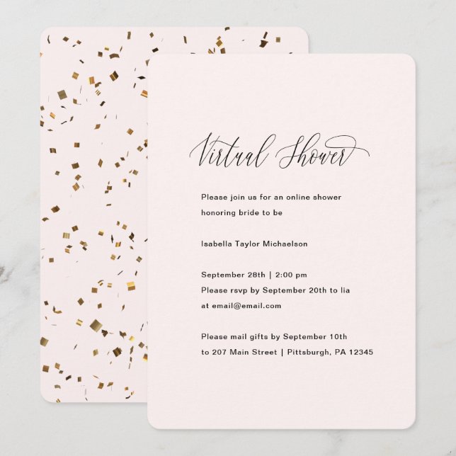 Invitación Rosa bonito con ducha de novia virtual de oro fals (Anverso / Reverso)