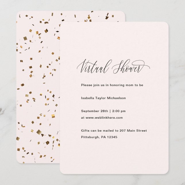 Invitación Rosa bonito con ducha virtual de confetti de oro f (Anverso / Reverso)