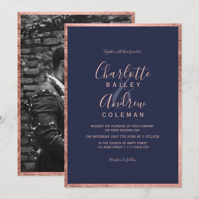 Invitación Rosa  borde azul marino azul marino boda foto (Anverso / Reverso)