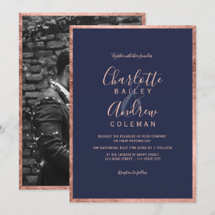 Invitación Rosa borde azul marino azul marino boda foto