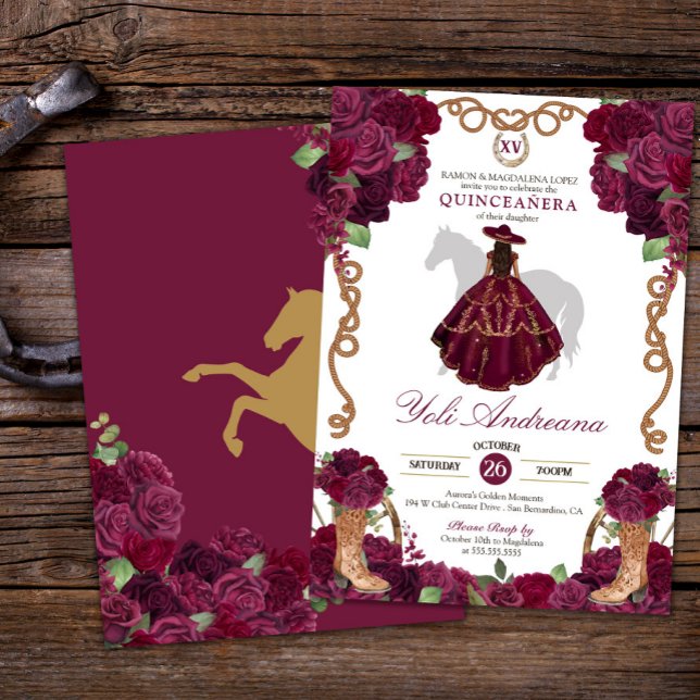 Invitación Rosa Borgoña Boots Charro Vestidos Quinceañera (Subido por el creador)