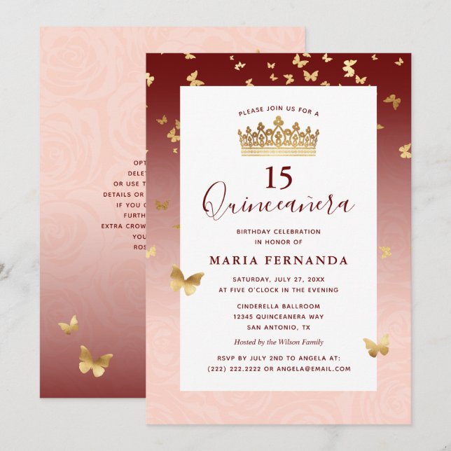 Invitación Rosa Borgoña Crown Elegante Quinceanera (Anverso / Reverso)