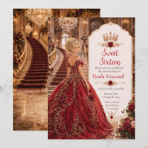 Invitación Rosa Borgoña Dulce 16 Princesa Corona Dorada