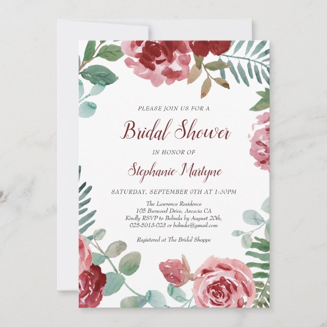 Invitación Rosa Borgoña Floral Botánica Bridal Ducha (Anverso)