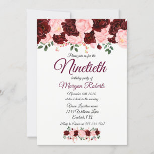 Invitación Rosa Borgoña Floral Rosa Ninetieth 90º cumpleaños