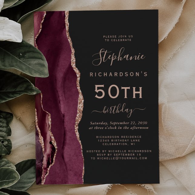 Invitación Rosa Borgoña Oro Ágata Oscuro Cumpleaños 50 (Subido por el creador)