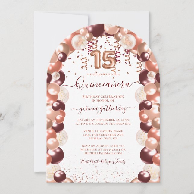 Invitación Rosa Borgoña Oro Balón Purpurina Quinceañera (Anverso)