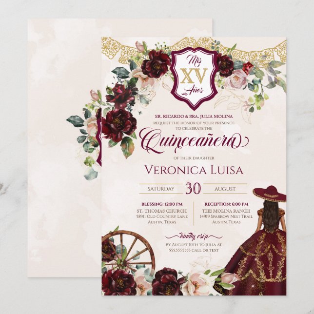 Invitación Rosa Borgoña Oscuro Elegante Charro Quinceanera (Anverso / Reverso)