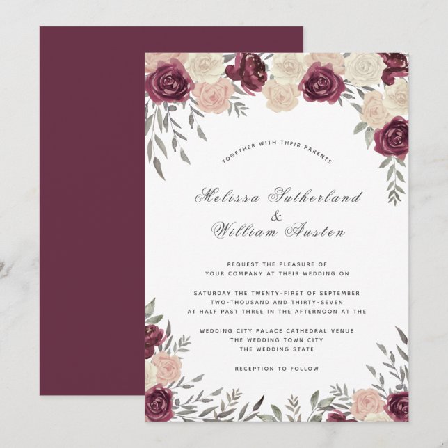 Invitación Rosa Borgoña Polvo Rubor Rosa Boda (Anverso / Reverso)