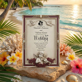 Invitación Rosa Borgoña Profundo y Querubines Bodas Vintage