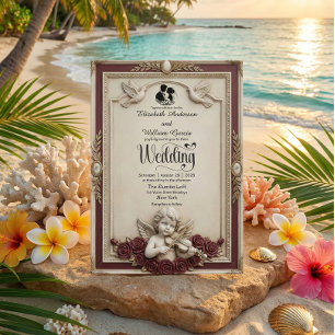 Invitación Rosa Borgoña Profundo y Querubines Bodas Vintage