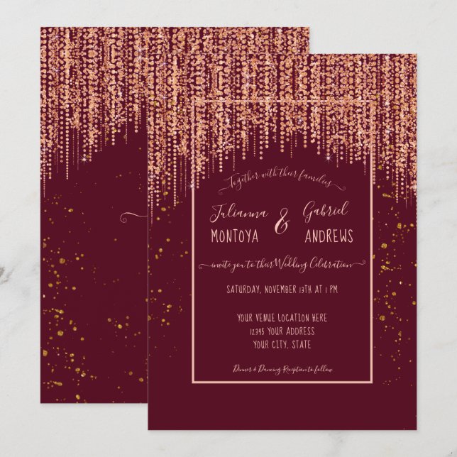 Invitación Rosa Borgoña Purpurina de oro Confetti Boda invita (Anverso / Reverso)