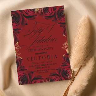 Invitación Rosa Borgoña Rojo 50 y fabulosa fiesta de cumpleañ