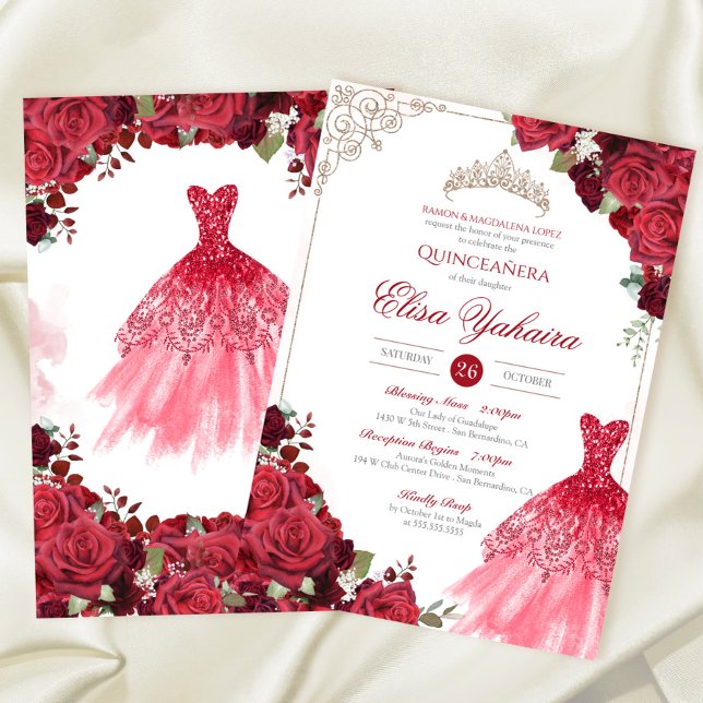 Invitación Rosa Borgoña Rojo Elegante Sparkle Quinceanera (Subido por el creador)