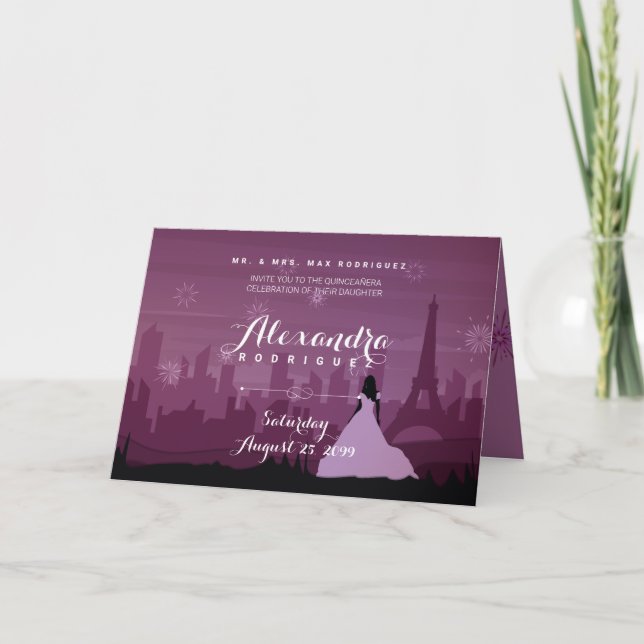 Invitación Rosa Borgoña Rosa París Fuegos artificiales Quince (Anverso)