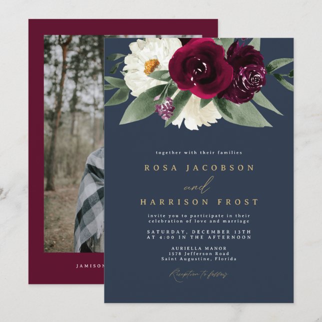Invitación ROSA Borgoña y la Marina Floral Boda de Invierno (Anverso / Reverso)