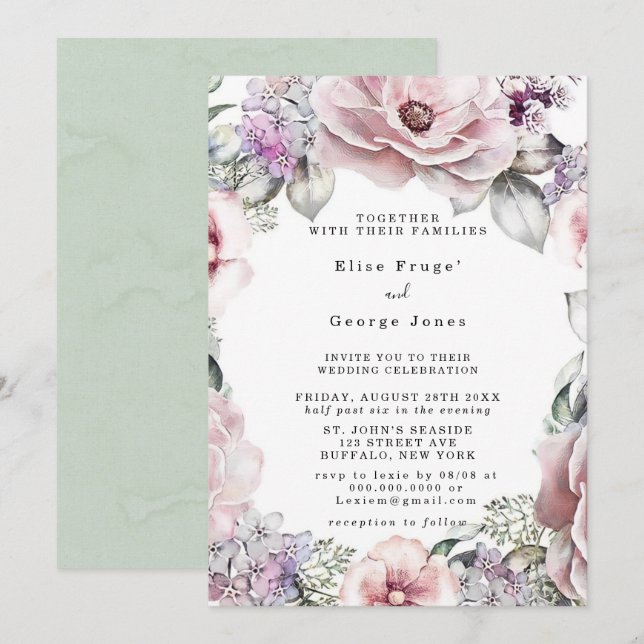 Invitación Rosa botánico floral de oro y Boda de eucalipto (Anverso / Reverso)