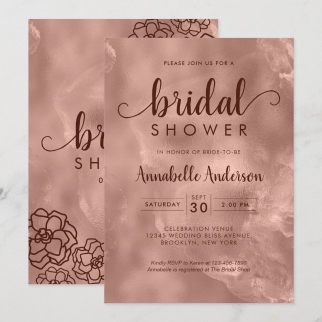 Invitación Rosa Bridal Shower Gold Metallant Elegante Floral (Anverso / Reverso)