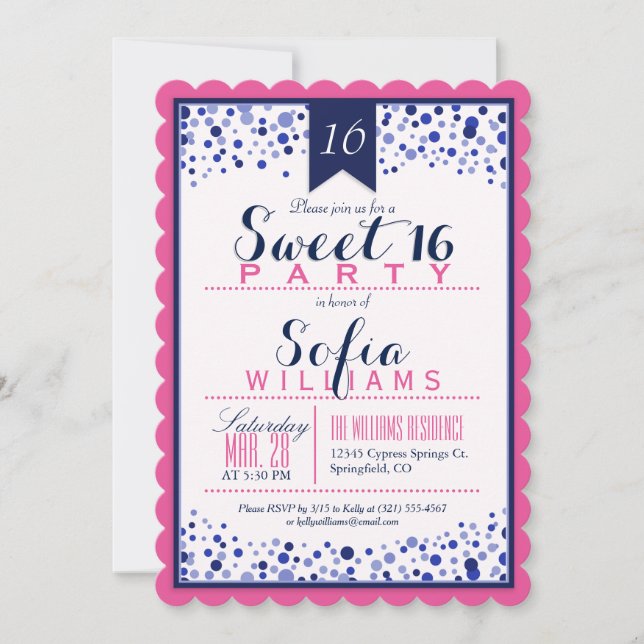 Invitación Rosa brillante, blanco, dulce azul marino 16 Fiest (Anverso)