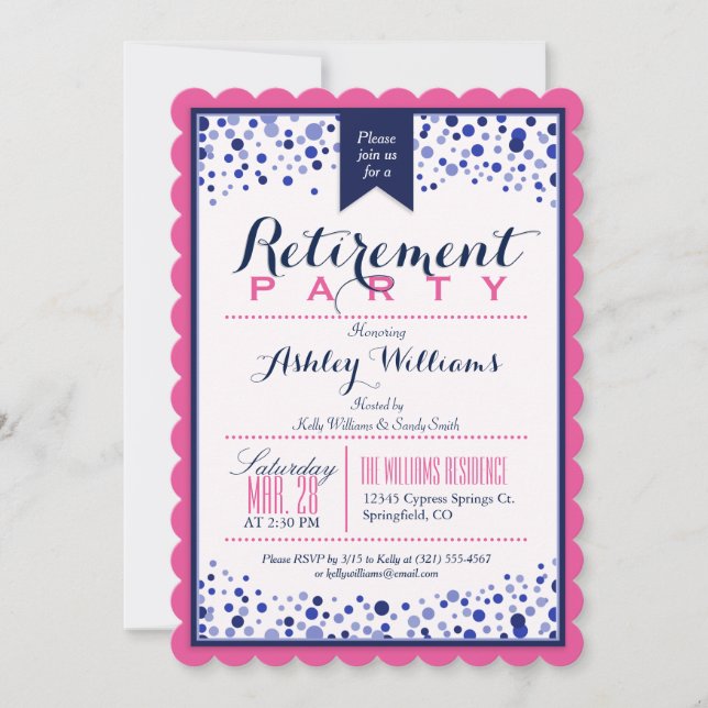 Invitación Rosa brillante, blanco, Fiesta de Jubilación Azul  (Anverso)