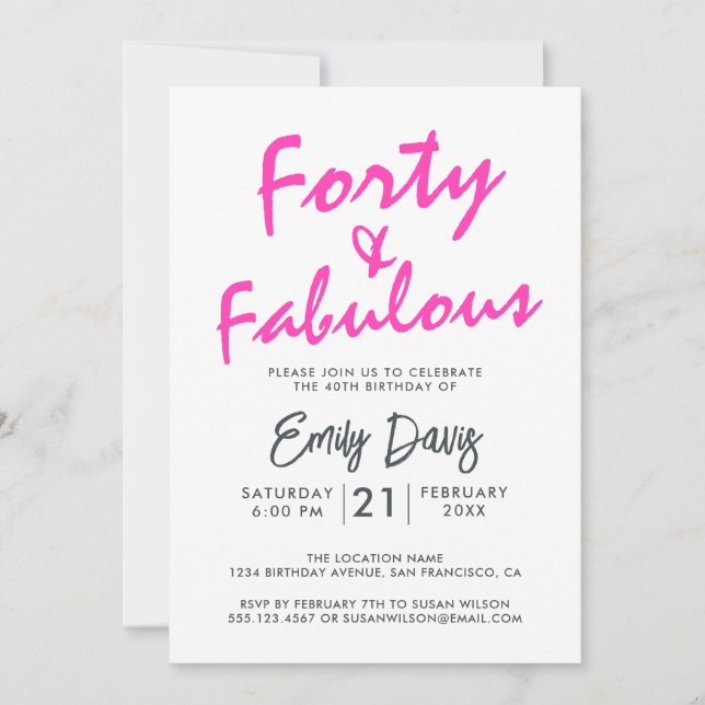 Invitación Rosa brillante Cuarenta Fabuloso | 40.º Fiesta de  (Anverso)