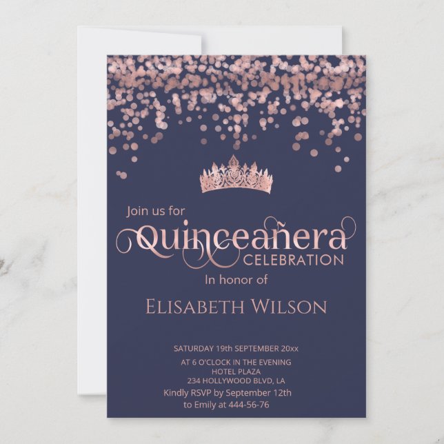 Invitación Rosa brillante de oro confetti tiara la marina Qui (Anverso)