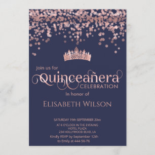 Invitación Rosa brillante de oro confetti tiara la marina Qui