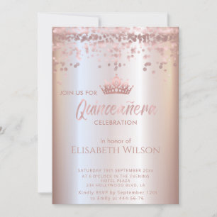 Invitación Rosa brillante de oro confetti tiara Quinceañera I