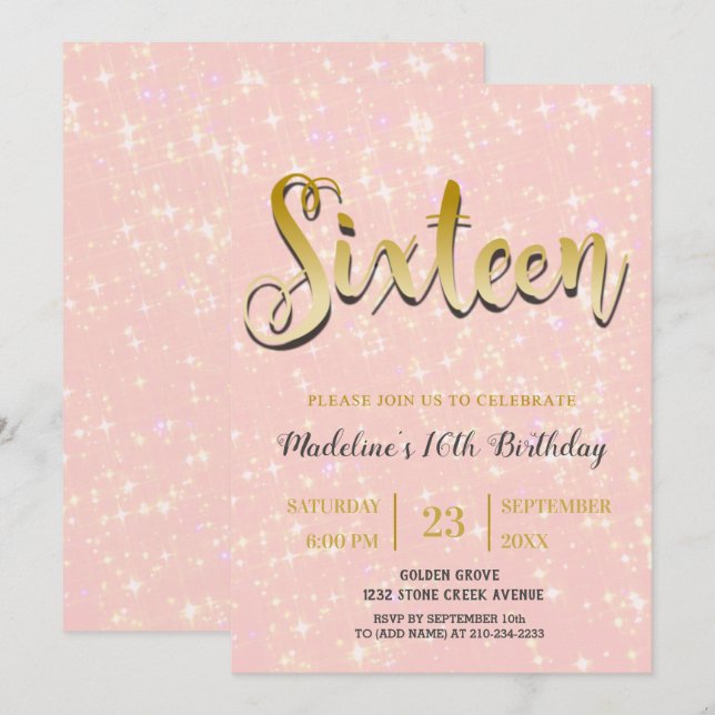 Invitación Rosa brillante | Dulce 16 (Anverso / Reverso)