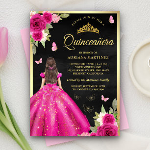 Invitación Rosa Brillante Floral Mariposa Negra Dorada Quince