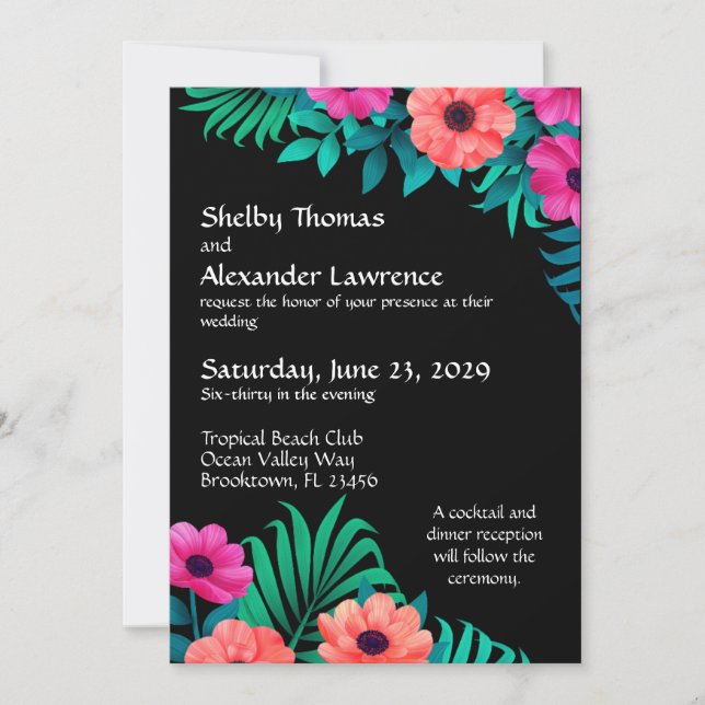 Invitación Rosa brillante, rosa y verde sobre Boda negro (Anverso)