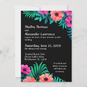 Invitación Rosa brillante, rosa y verde sobre Boda negro