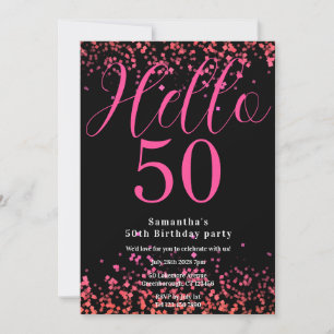 Invitación Rosa Brillante y Negro Brillo Falso Cumpleaños 50