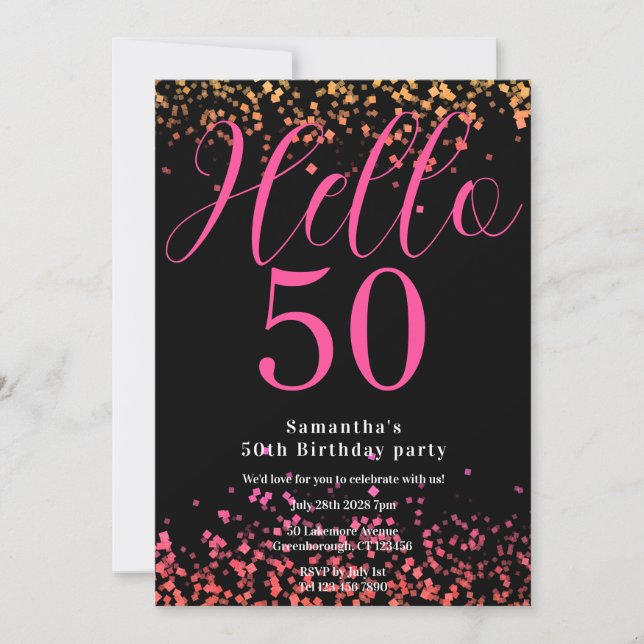 Invitación Rosa Brillante y Negro Brillo Falso Cumpleaños 50 (Anverso)