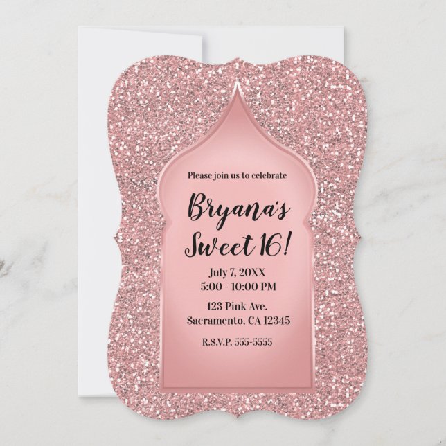 Invitación Rosa Brillo Rosa Dorado Glam Chic Cumpleaños (Anverso)