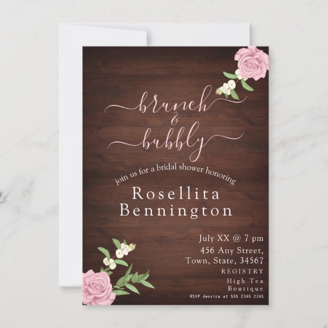 Invitación Rosa Brunch de madera y ducha Bubbly Bridal (Anverso)