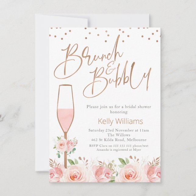 Invitación Rosa Brunch Gold Bubbly Floral Bridal Shower (Anverso)