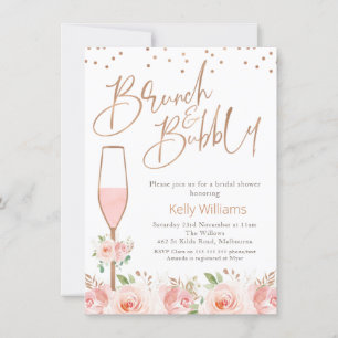 Invitación Rosa Brunch Gold Bubbly Floral Bridal Shower